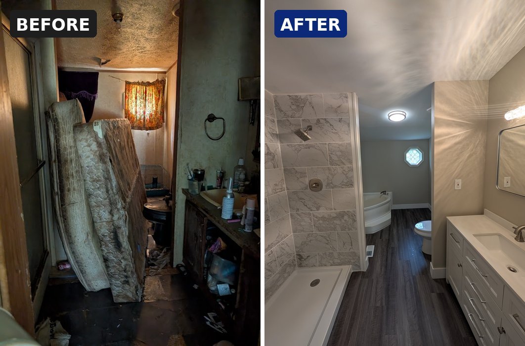 Before and after bathroom renovation on an Amelia, Ohio house by Honest Homebuyer Dayton