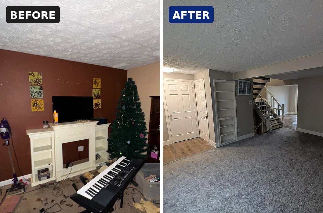 Before and after living room renovation on a Batavia, Ohio home by Honest Homebuyer Dayton