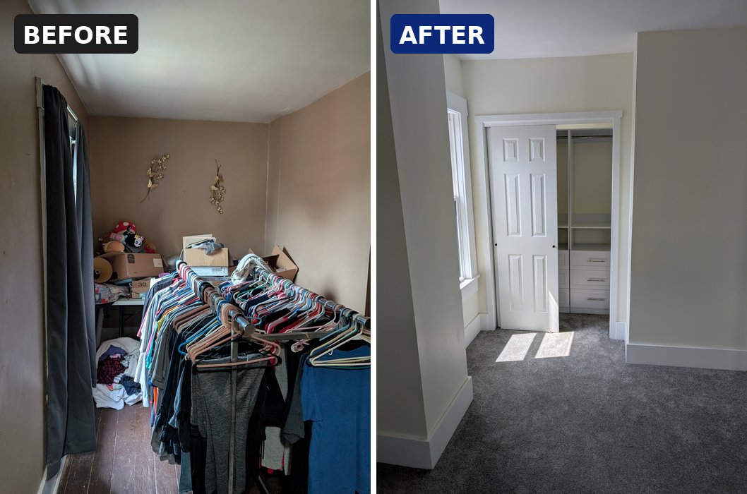 Germantown bedroom with new custom closet, before and after