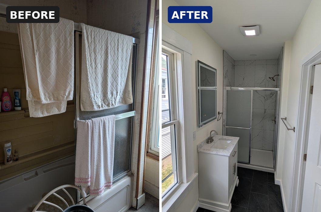 Germantown new bathroom before and after, added where there was no working bathroom