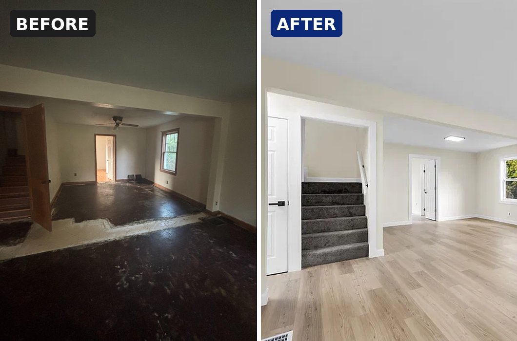 Before and after living room renovation on a Middletown, Ohio house by Honest Homebuyer Dayton
